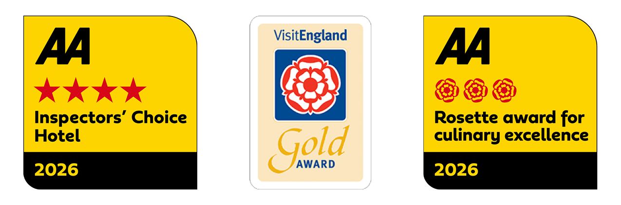 Three awards: AA 4-star Inspectors’ Choice Hotel 2026, VisitEngland Gold Award, and AA 3-Rosette award for culinary excellence 2026. Each features distinct badges on yellow backgrounds.