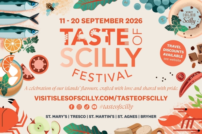 Colorful poster for the Taste of Scilly Festival, 11-20 September 2026, featuring seafood, leaves, and fruit illustrations. Includes event details, website, and social media info.